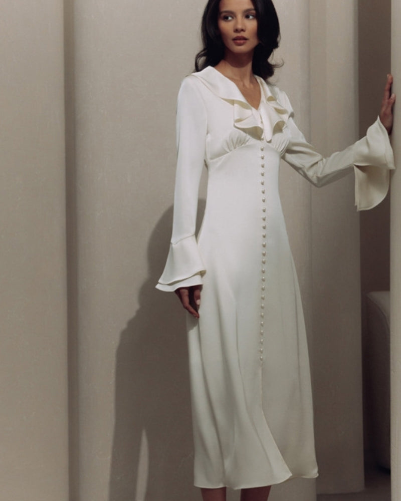 Pearl Button Ruffle Midi Dress - Areistore