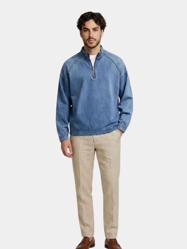 Stonewash Denim Quarter Zip Jacket - Areistore