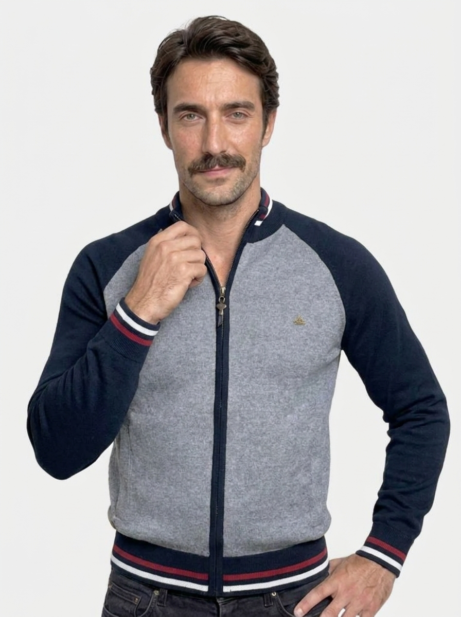 Zipper Color Block Standing Collar Cardigan Sweater - Areistore