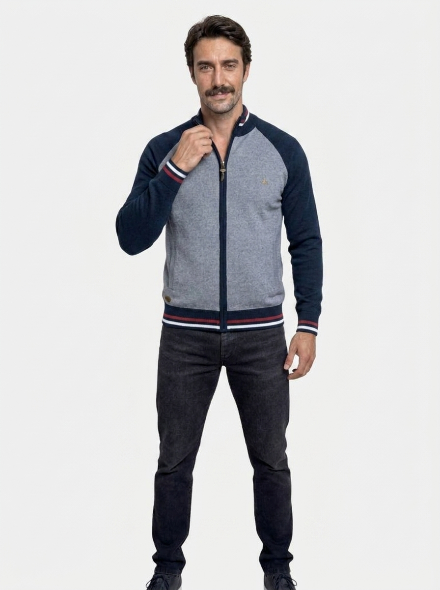 Zipper Color Block Standing Collar Cardigan Sweater - Areistore