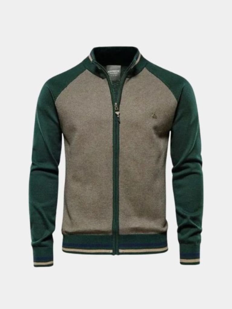 Zipper Color Block Standing Collar Cardigan Sweater - Areistore