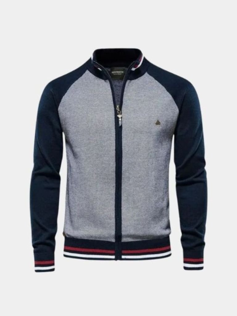 Zipper Color Block Standing Collar Cardigan Sweater - Areistore