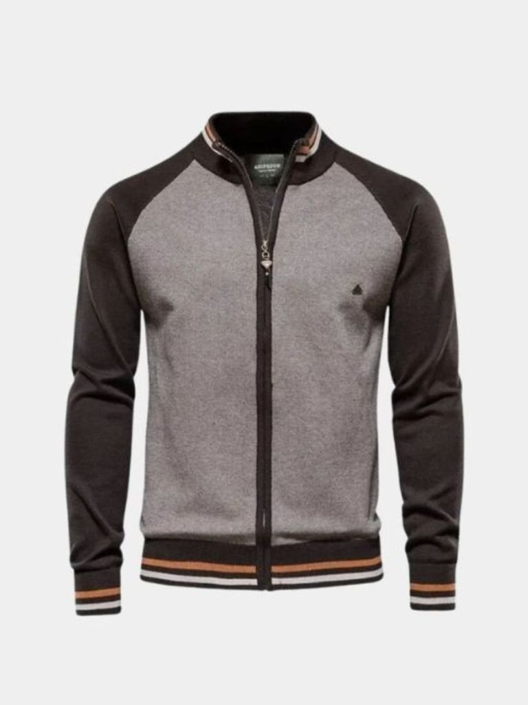 Zipper Color Block Standing Collar Cardigan Sweater - Areistore