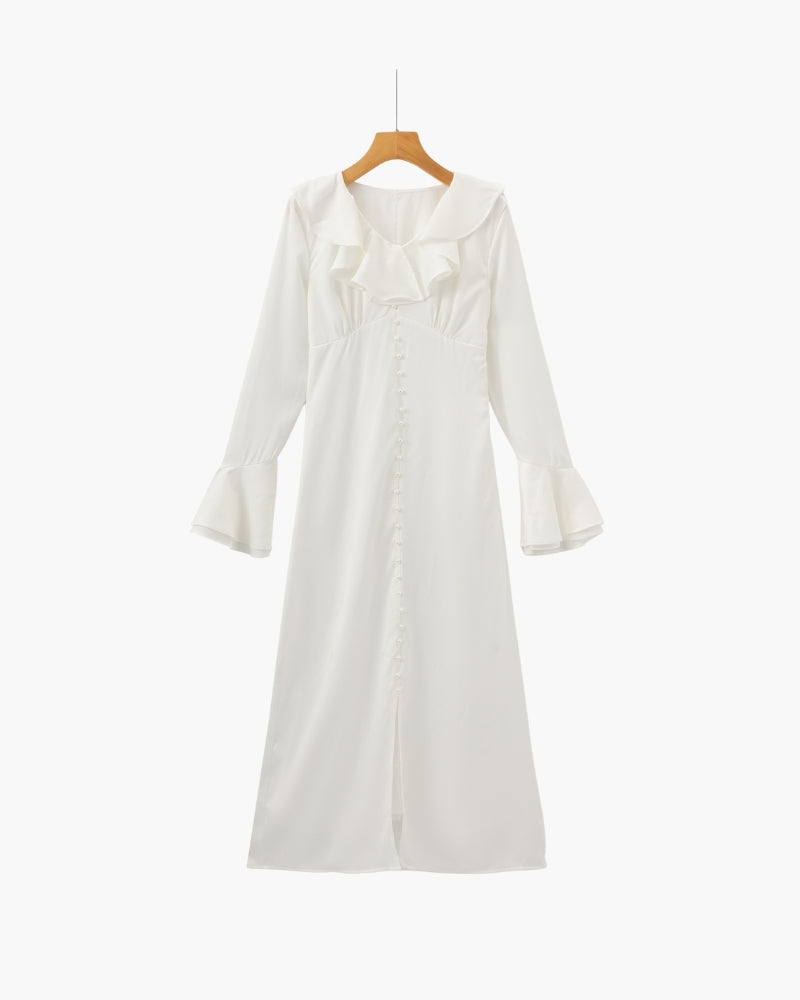 Pearl Button Ruffle Midi Dress - Areistore