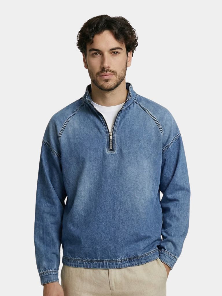 Stonewash Denim Quarter Zip Jacket - Areistore