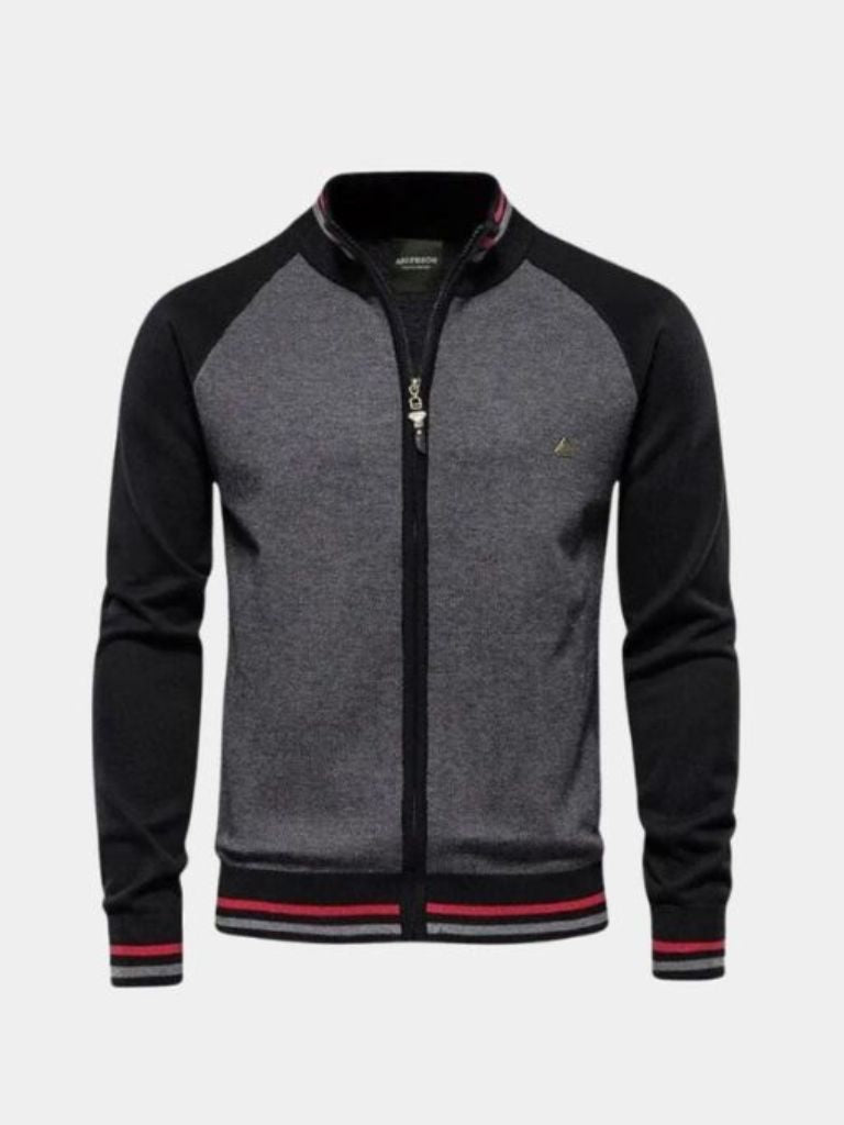 Zipper Color Block Standing Collar Cardigan Sweater - Areistore